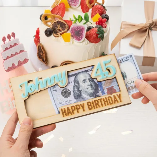 Vista 4 de Sobre de madera personalizado para dinero de cumpleaños, con nombre personalizado, sobre de efectivo, cartera de dinero, sobre de feliz cumpleaños