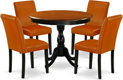 Vista 13 de East West Furniture AMAB3-BCH-61 - Juego moderno de 3 piezas antiguo que contiene una mesa de cocina redonda con pedestal y 2 sillas de comedor
