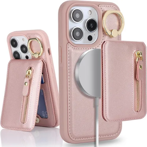 Vista 27 de para iPhone 14 Funda con soporte magnético Magsafe compatible, llavero de cuero PU plegable con soporte desmontable, funda tipo cartera 2-en-1
