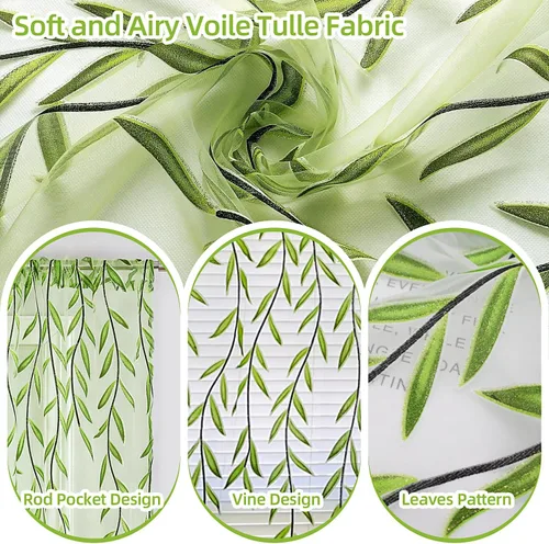 Vista 6 de BROSHAN Cortinas transparentes con diseño de bolsillo para ventana, bonito panel de cortina de vid con estampado de hojas, paneles de cortina