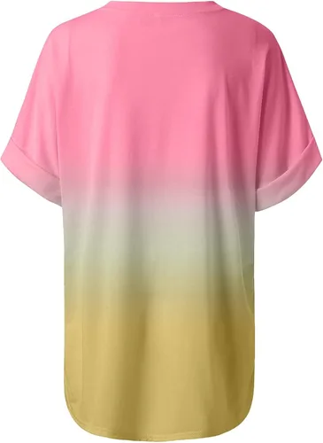 Vista 7 de Camisetas básicas de verano para mujer, con bloques de color, lindas camisetas con estampado degradado, cuello en V, manga corta, con abertura