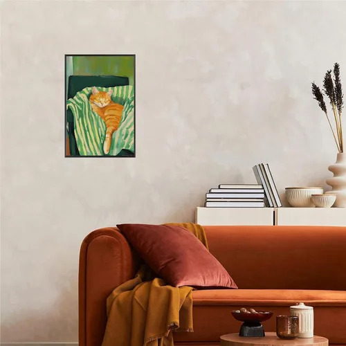 Vista 6 de Divertido póster de gato dormido vintage en el sofá, arte de pared de animales durmiendo, arte de pared contemporáneo de gato verde esmeralda