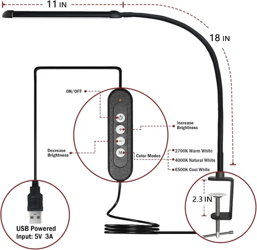 Vista 5 de Lámpara de escritorio LED con abrazadera, lámpara de abrazadera con modos de color ajustables, luz con clip con cuello de cisne flexible largo