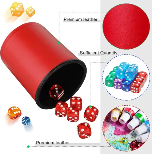Vista 4 de Zhanmai Juego de 6 vasos de dados para juego Farkle, taza de piel sintética con 36 dados coloridos, juego de 6 tarjetas de puntuación Farkle