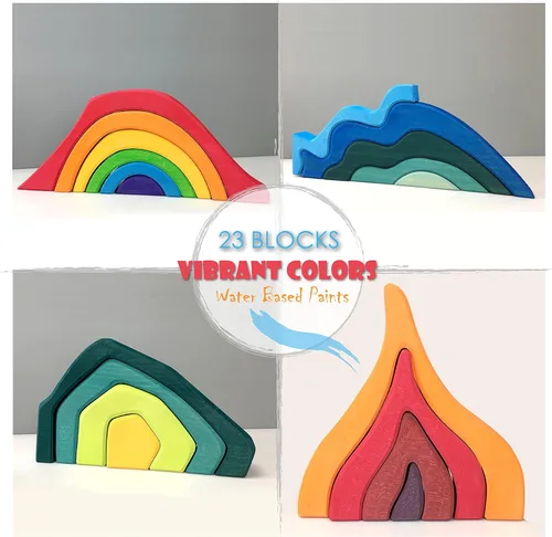 Vista 3 de Bloques de arco iris XL de cuatro elementos, juguetes de madera para niños, rompecabezas de construcción geométrico, juego educativo de volcán/casa