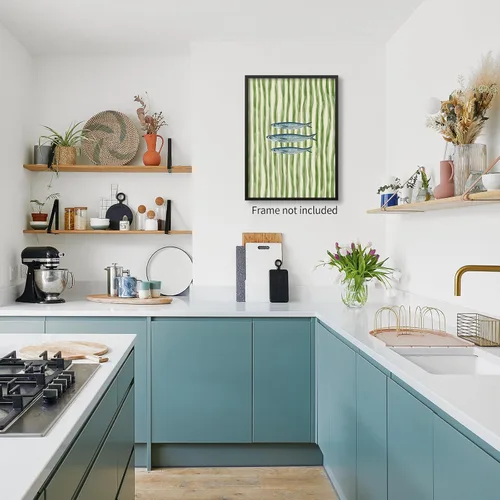 Vista 3 de Impresiones de Sardinas - Pósteres de pared de cocina de moda, diseño de rayas verdes, retro y moderna, estética de alimentos para el hogar