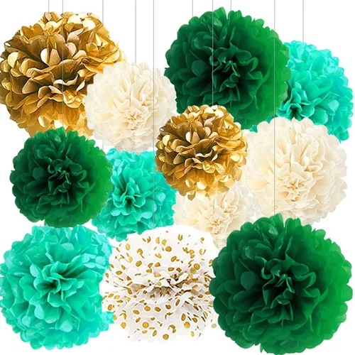 Vista 9 de BRZIKWT 12 pompones de papel de seda de punto ondulado degradado negro y dorado para fiesta, techo, colgar en la pared, decoración de flores