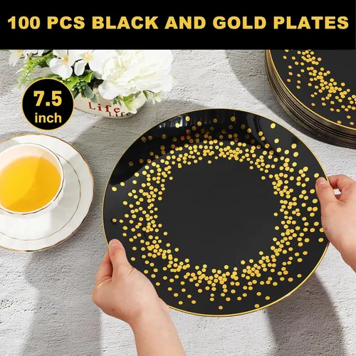 Vista 2 de Hsei 100 platos de plástico negros y dorados a granel desechables para Halloween, platos redondos de postre para cenas, bodas, cumpleaños, Navidad