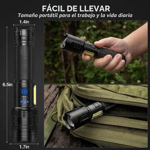 Vista 7 de Linterna recargable de 99,000 lúmenes altos, 7 modos de luz LED con COB, potente linterna de mano para el hogar, campamento (paquete de 2)