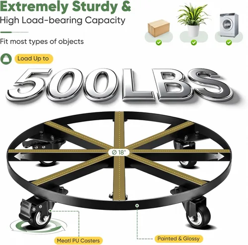 Vista 5 de 18" Round Metal Plant Caddy Rolling Plant Stand with Wheels Heavy Duty 500 lbs Capacity, Lockable Caster, Plant Dolly for Large Planter Pots & Heavy