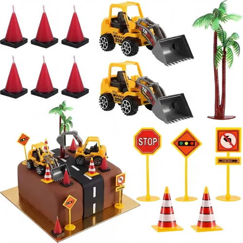 Vista 8 de BBTO 14 decoraciones de construcción para tartas incluyen 6 velas moldeadas en forma de cono, 2 decoraciones de camión de construcción, 1 palmera