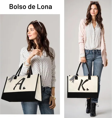 Vista 2 de shenee Initial Canvas Tote Bag, Personalized Beach Bags Gift for Women