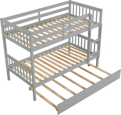 Vista 6 de HOUAGI Litera individual sobre cama individual con nido, litera de madera maciza con barandilla de seguridad y escalera, color gris