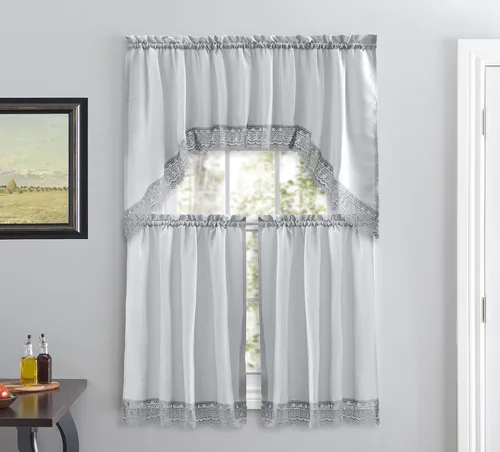 Vista 10 de American Linen - Cortinas para cafetería para cocina, cortinas de baño con cenefa, borde de encaje bordado. (Beige) Incluye cenefa a juego