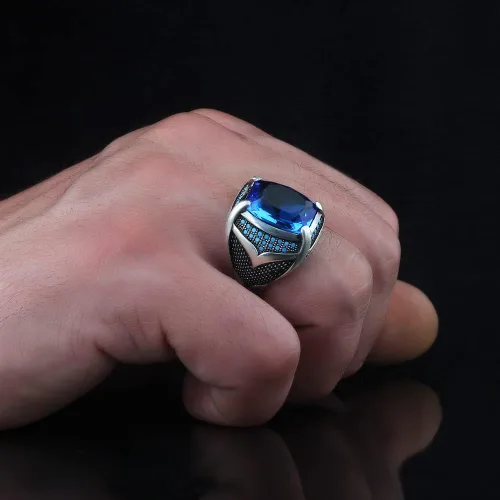 Vista 4 de 925 Sterling Silver Men's Ring with Blue Topaz Stone, Handmade Blue Topaz Stone Silver Ring, Gift for Him