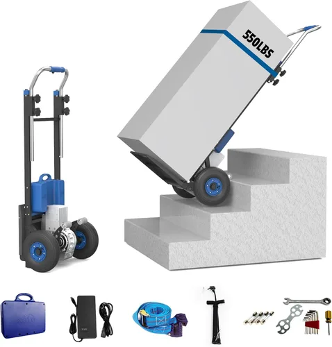 Vista 13 de Carretilla de mano eléctrica para subir escaleras con freno, carretilla de mano para subir escaleras con motor para mover, capacidad de 550 libras