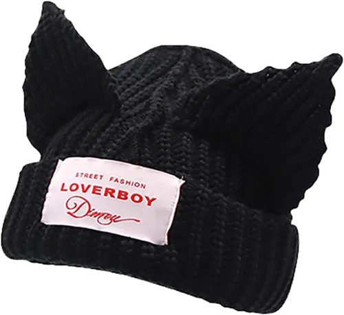Vista 5 de Cat Ear Beanie Y2K Cute Knit Hat with Ears Warm Crochet Hat Skull Cap for Women Men Beige