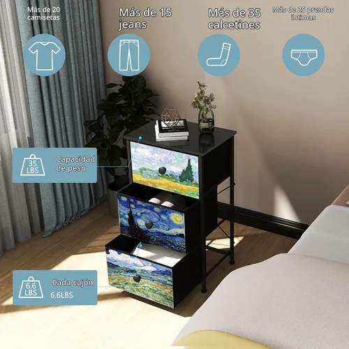 Vista 5 de Cómoda con 3 cajones Van Gogh, cómoda de cajones para dormitorio, mesa de noche estrecha, cómodas pequeñas y cofres de cajones para medio pasillo