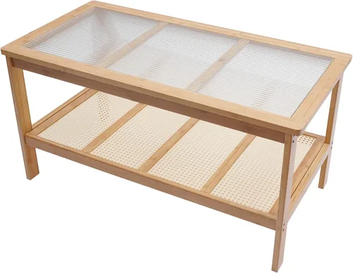 Vista 6 de Mesa auxiliar rectangular de 2 niveles de mediados de siglo con parte superior de cristal y estante de almacenamiento rústico, soporte de TV