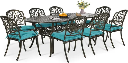 Vista 17 de Juego de comedor de patio de 9 piezas, mesa y sillas de patio al aire libre, mesa de comedor ovalada de aluminio fundido de 84 pulgadas con agujero