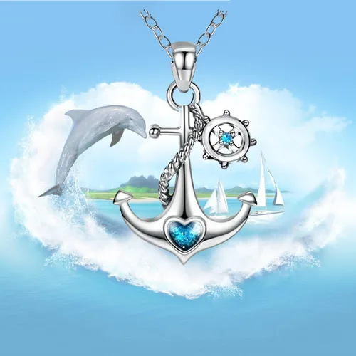 Vista 3 de JUFU 925 Collar náutico corazón del océano azul de plata esterlina ancla y timón., Base con chapado de oro, Azul, JUFU