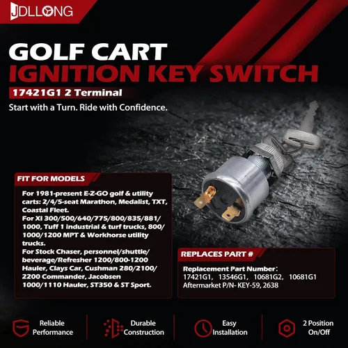 Vista 2 de 17421G1 Interruptor de llave de encendido para carrito de golf 2 terminales de encendido apagado para EZGO 1981-Up 2 llaves de encendido