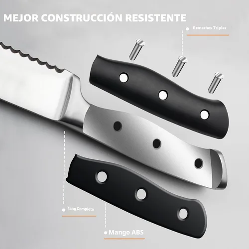 Vista 5 de Alata Juego de cuchillos para carne de 8 piezas, 4.7 pulgadas con borde dentado, cuchillos afilados para cena, construcción de espiga completa Negro