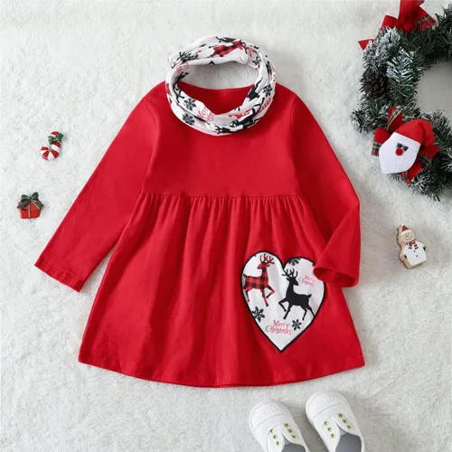 Vista 3 de Conjunto de ropa de Navidad de manga larga con vuelo y bufanda para niña pequeña, conjunto de ropa de Navidad