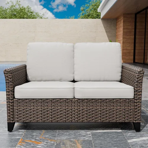 Vista 12 de EAGLE PEAK Ocean Vista - Sofá de mimbre para exteriores, cojines profundos, muebles de ratán resistentes a la intemperie, sofá, marrón/beige