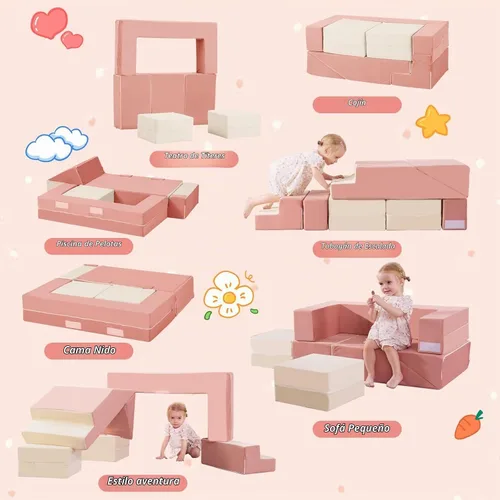 Vista 3 de Bloques de escalada de espuma para niños pequeños Sofá modular para niños con 2 otomanas en interiores, juego plegable suave para gatear