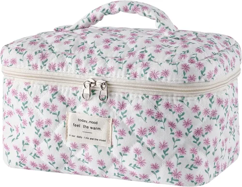 Vista 26 de uekeboag - Bolsa de maquillaje grande de viaje acolchada para mujer, neceser de algodón con estampado floral, neceser con estampado floral