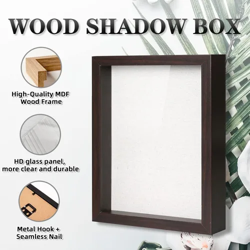 Vista 3 de Muzilife Caja de fotos con tablero de lino, vitrina de vidrio de madera profunda, lista para colgar, caja de memoria, recuerdos deportivos