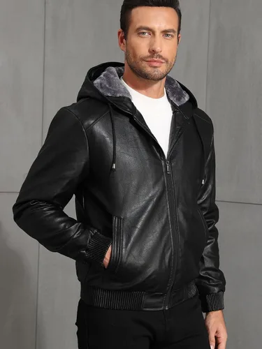 Vista 5 de MANSDOUR Chaqueta de cuero sintético para hombre con forro de vellón negro cálido, chaqueta bomber de motocicleta con capucha