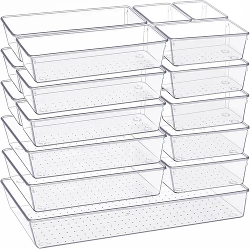 Vista 10 de Criusia - Organizador de cajones, juego de 10 piezas de gran tamaño de plástico transparente, 3 tamaños versátiles, bandejas organizadoras de baño