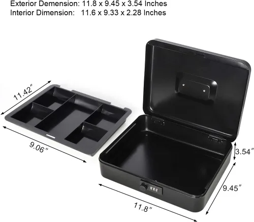Vista 2 de Decaller Caja de dinero con cerradura de combinación, caja de seguridad de metal pequeña con bandeja de dinero, 7 4/5 x 6 4/5 x 3 3/5 pulgadas