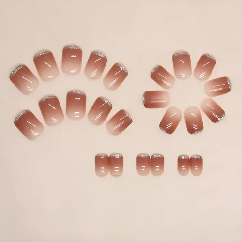 Vista 3 de Uñas cortas a presión, uñas postizas de punta francesa rosa, cuadradas con diseños de punta de purpurina, uñas cuadradas con pegamento en uñas
