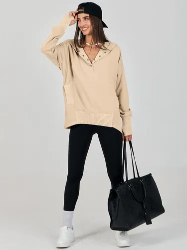 Vista 6 de ANRABESS Sudadera casual con botones y cuello en V para mujer, sudadera de gran tamaño con capucha y bolsillos