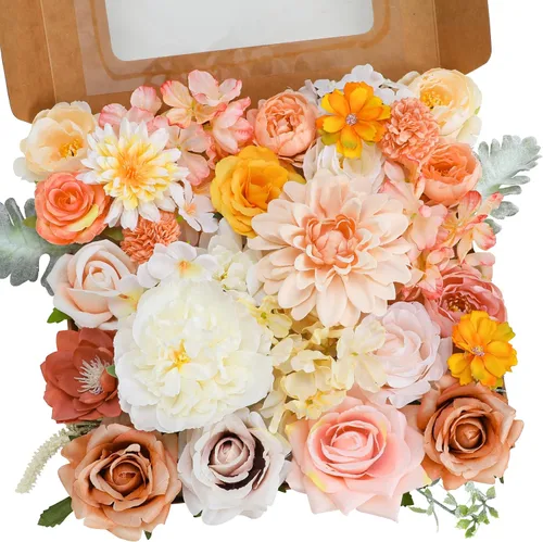 Vista 15 de Senseya - Flores artificiales combo, rosas de seda color rosa pálido, peonías, dalias con tallos para ramos de boda, fiesta de bebé, centros