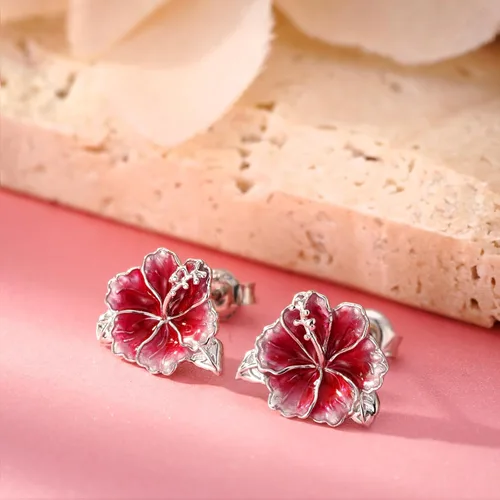 Vista 2 de Aretes de tuerca de hibisco de plata de ley 925, aretes de flor de hibisco, regalos para mujer