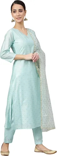 Vista 6 de Janasya Kurta de seda chanderi color verde mar para mujer india con pantalón y dupatta