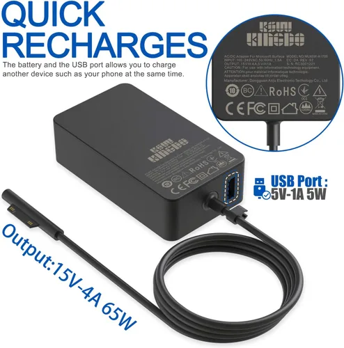 Vista 4 de Surface Pro Surface - Cargador para laptop, adaptador de fuente de alimentación de 65 W [actualizado] para Microsoft Surface Pro 9/8/X/7+/7/6/5/4/3