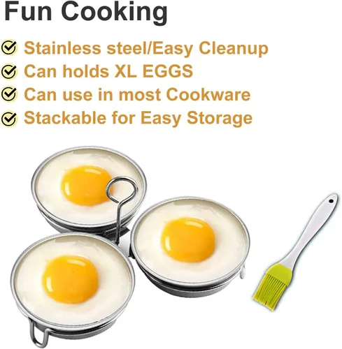 Vista 2 de Cazador de huevos de acero inoxidable, Fabricante perfecto de huevos escalfados, Anillos redondos para cocina de huevos para desayuno, 3 tazas