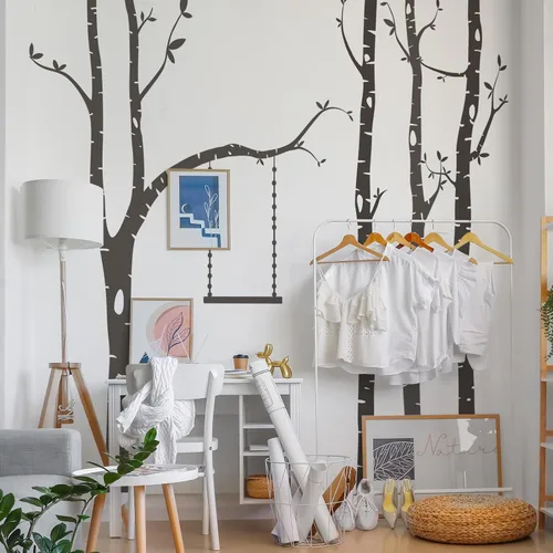 Vista 6 de Calcomanías de pared de árbol grande, arte de pared de bosque de abedul, despegar y pegar, calcomanías de pared para guardería, dormitorio, sala