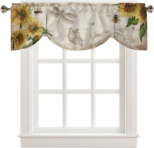 Vista 48 de Cortina de ventana ajustable con lazos para ventana, cenefa de cocina para sala de estar, arte abstracto, sol y arco iris, bolsillo para barra