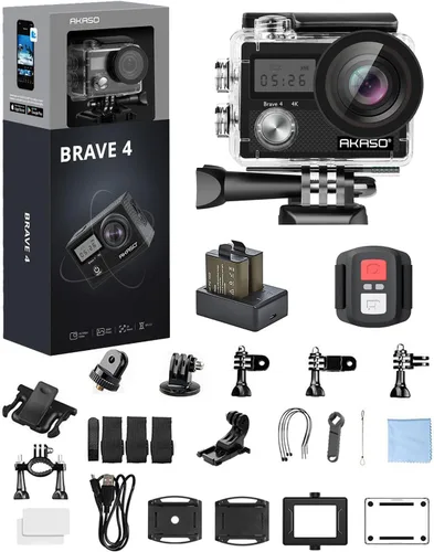 Vista 2 de AKASO Cámara de acción Brave 4 con un palo selfie de 3.9 ft y un paquete de trípode