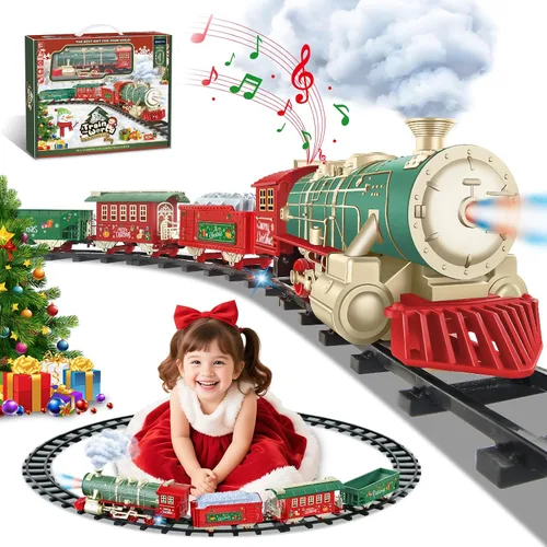 Vista 10 de Juego de tren eléctrico clásico para niños de 3 a 8 años con luces y sonidos, tren de juguete a pilas con locomotora, autos y pistas, ferrocarril