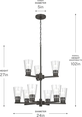Vista 5 de Kichler Stamos - Lámpara de araña de 24 pulgadas, 9 luces, suave, moderna, de 2 niveles con vidrio transparente en bronce antiguo