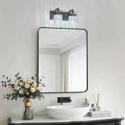 Vista 3 de Luz de Tocador de Baño de 2 Luces Moderna con Soporte de Vidrio de Cristal Luz de Baño Negra Accesorios de Iluminación de Tocador de Cristal