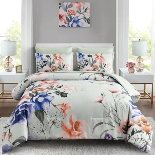 Vista 14 de Luxudecor Juego de edredón floral tamaño individual de 7 piezas, cama de flores aguamarina en una bolsa, elegante edredón floral degradado con juego