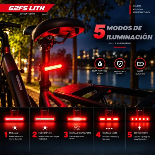 Vista 4 de Luz trasera de bicicleta recargable, IPX6 impermeable 220 amplia visibleSafety modo linterna carretera montaña paseo nocturno
